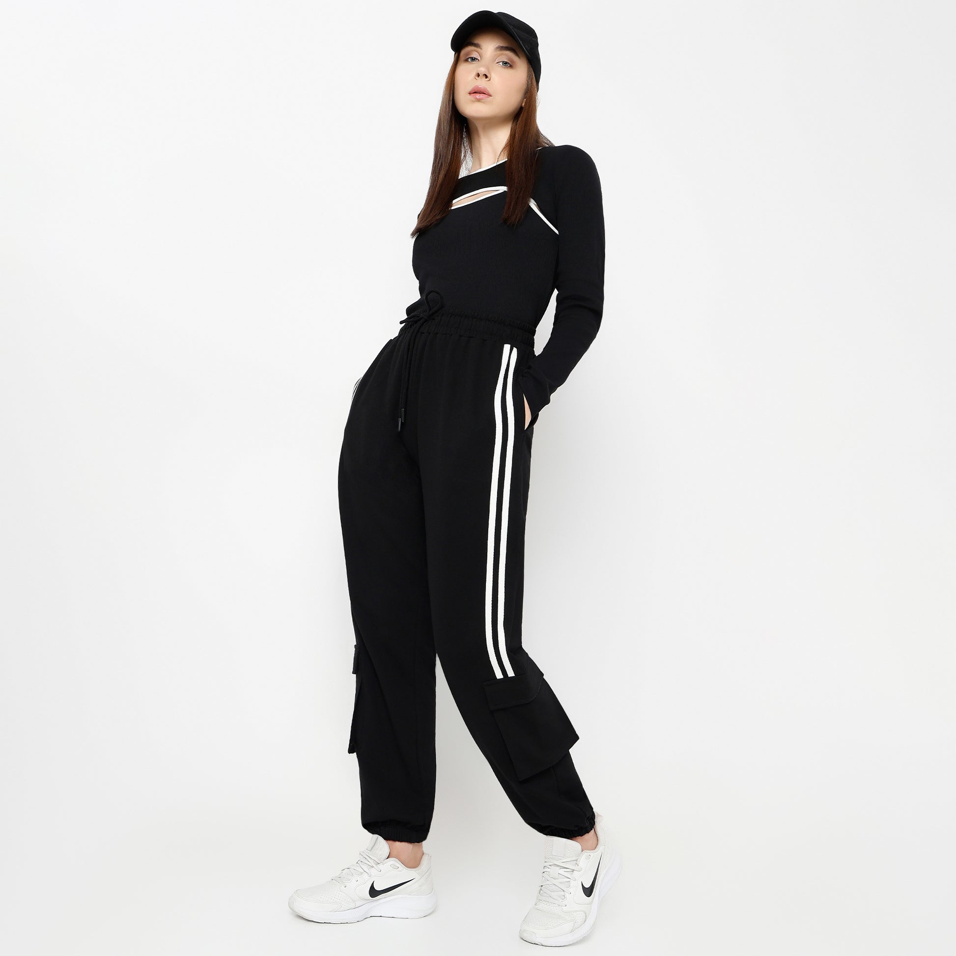 Relaxed Fit Ankle Length High Rise with Patch Pockets and Stripe Detail Joggers