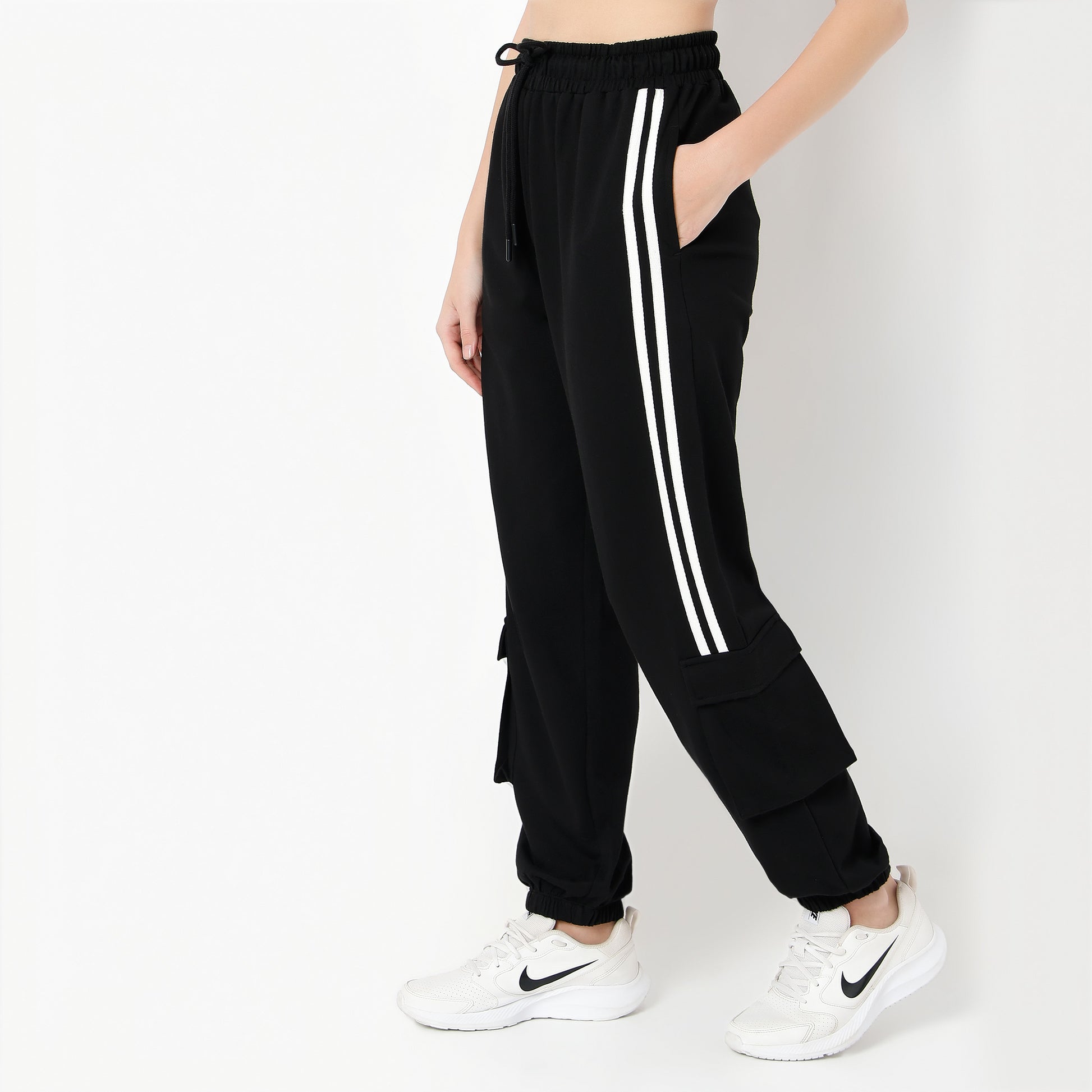 Relaxed Fit Ankle Length High Rise with Patch Pockets and Stripe Detail Joggers