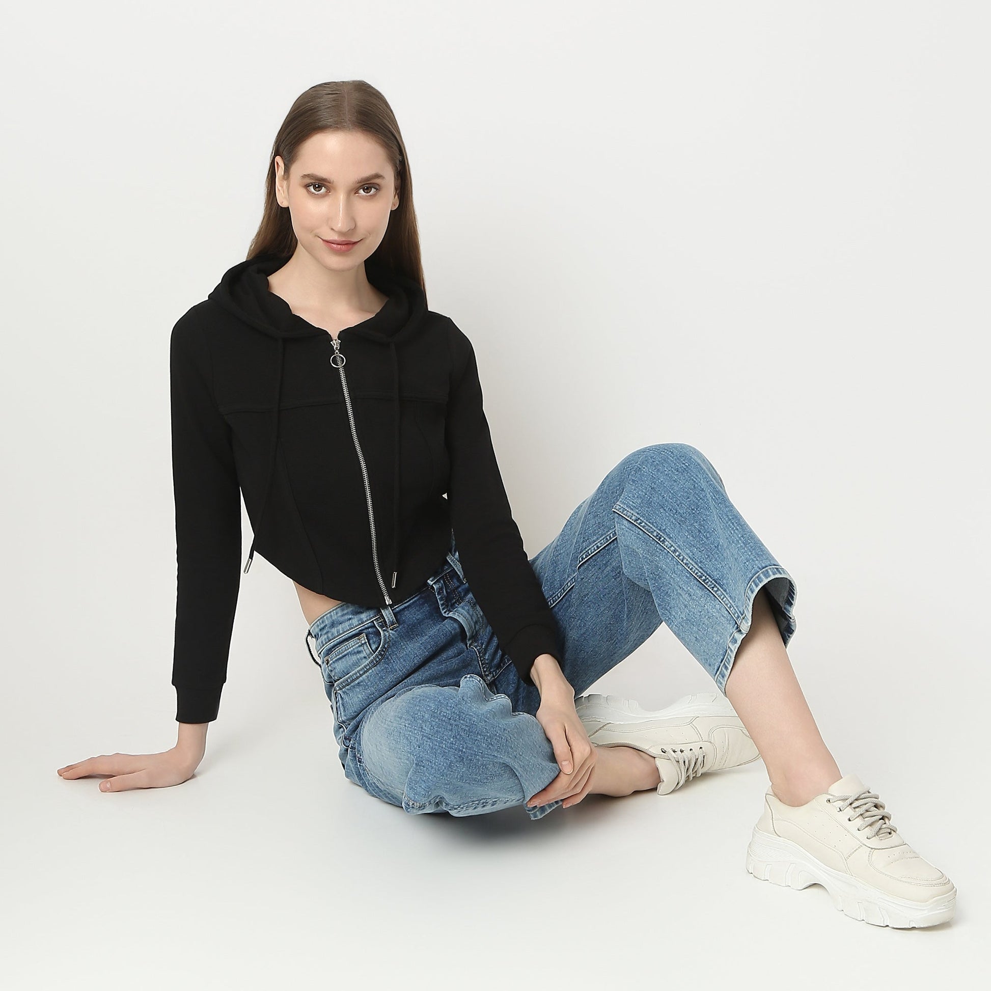 Women Solid Hoodie Cropped Full Sleeve Young Altheisure Sports Jacket