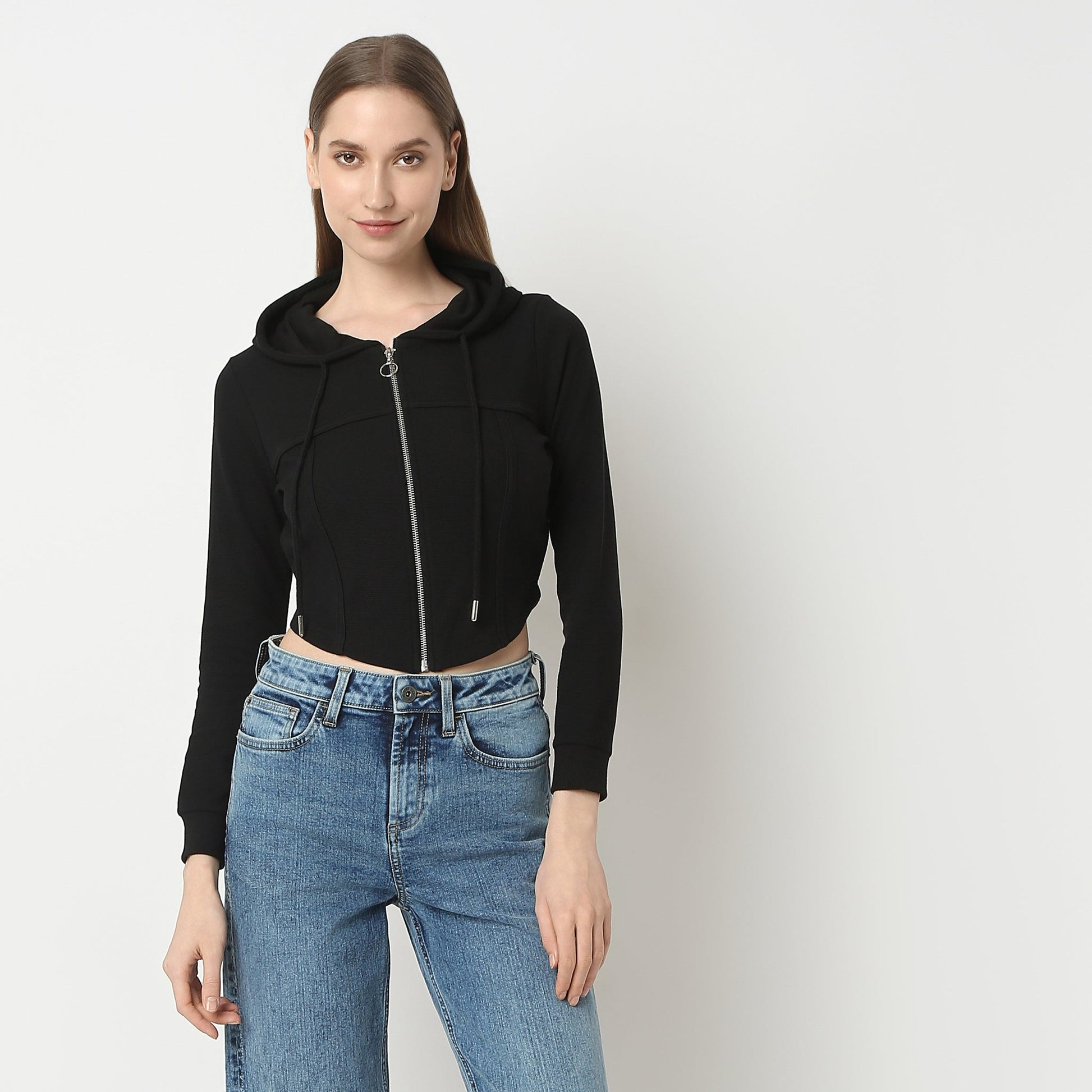 Women Solid Hoodie Cropped Full Sleeve Young Altheisure Sports Jacket