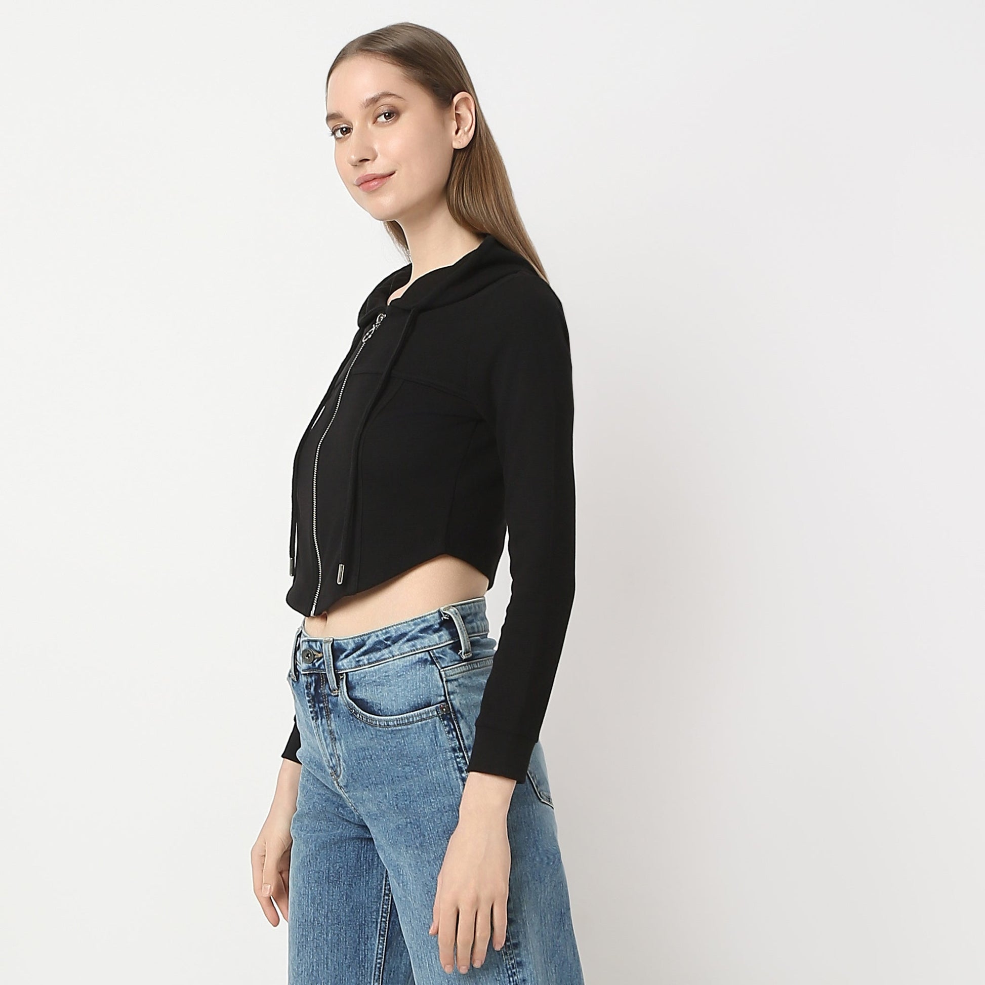 Women Solid Hoodie Cropped Full Sleeve Young Altheisure Sports Jacket