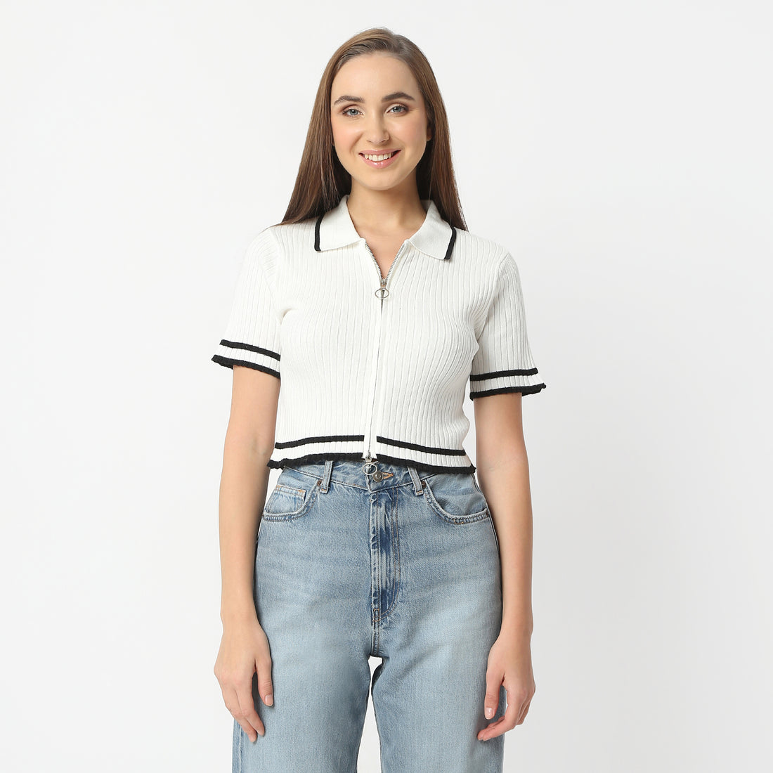Slim Fit Solid Polo Neck Cropped T-Shirt