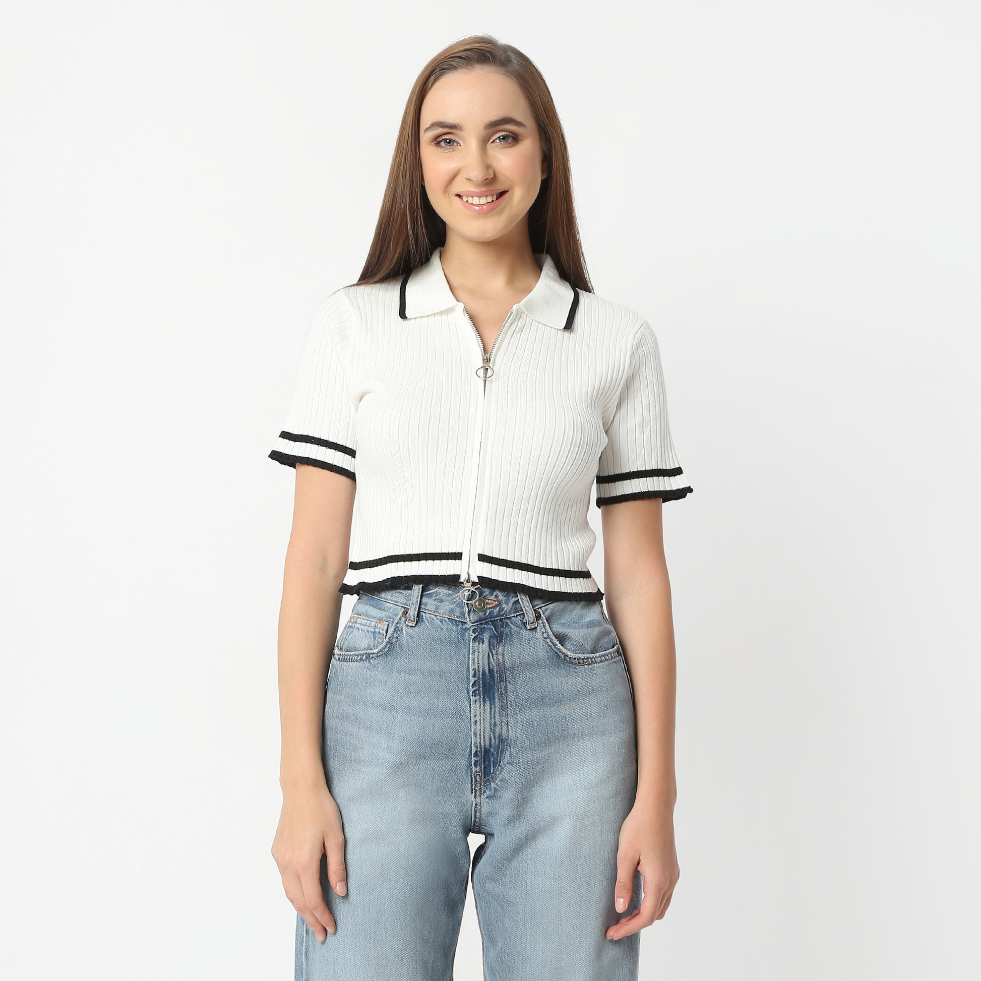 Slim Fit Solid Polo Neck Cropped T-Shirt