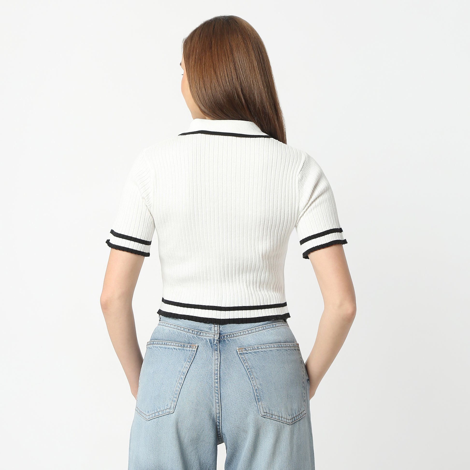 Slim Fit Solid Polo Neck Cropped T-Shirt