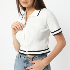 Slim Fit Solid Polo Neck Cropped T-Shirt