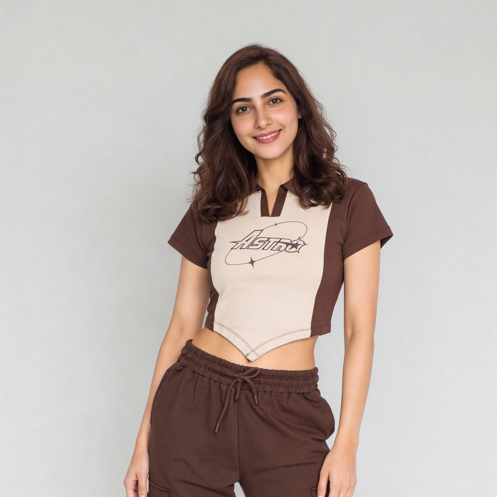 Polo Neck Graphic Athleisure Crop T-Shirt