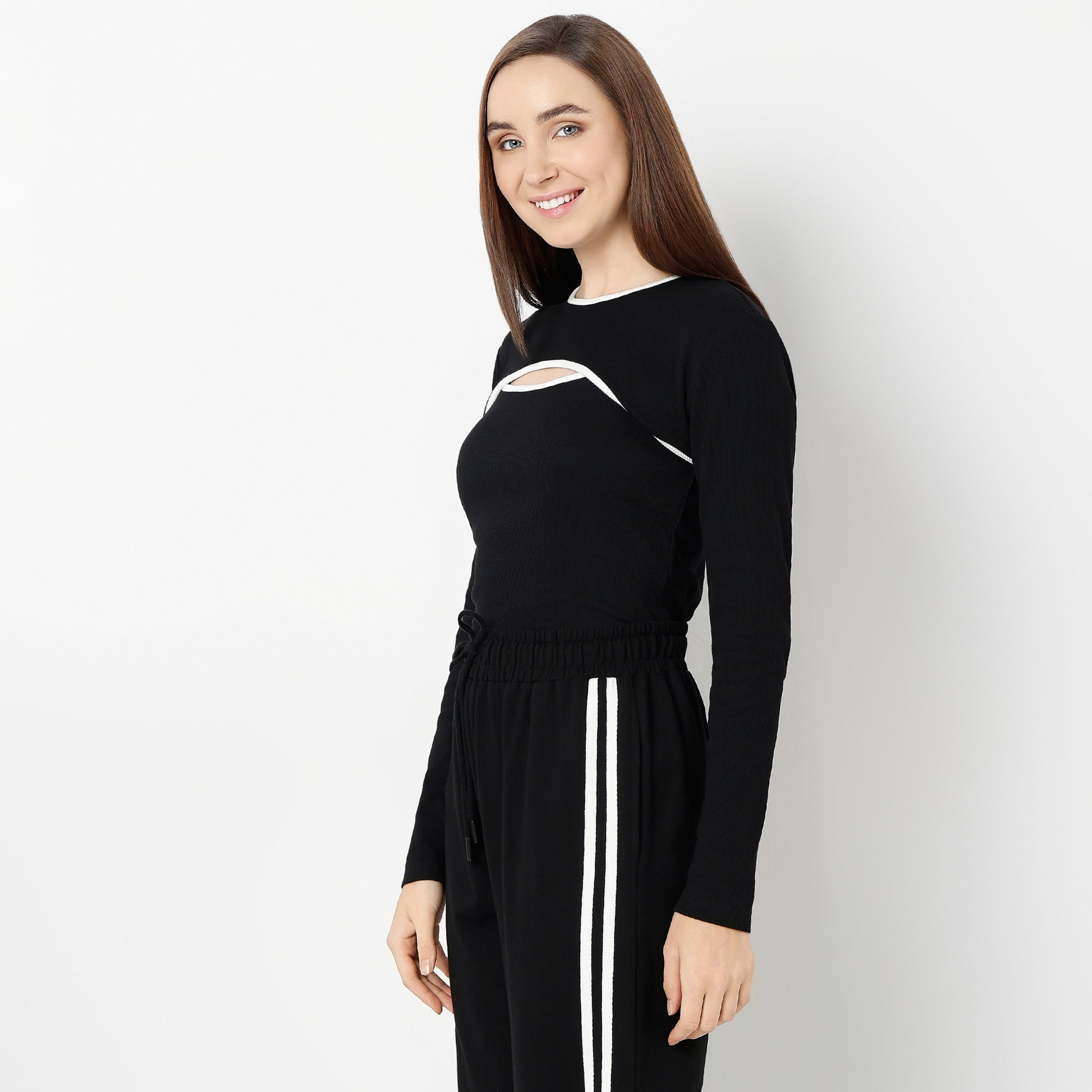 Slim Fit Full Sleeve with Cut Out Neck Detail T-Shirt