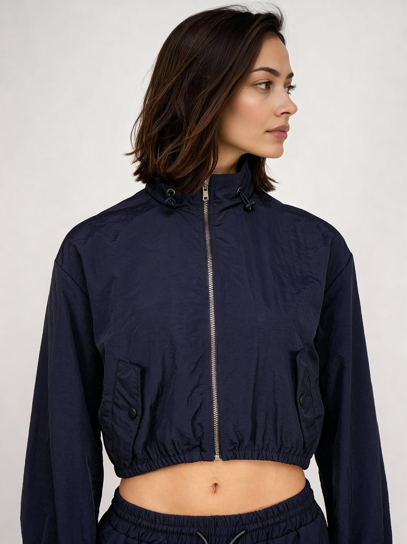 High Neck Front Zipper Open Jacket