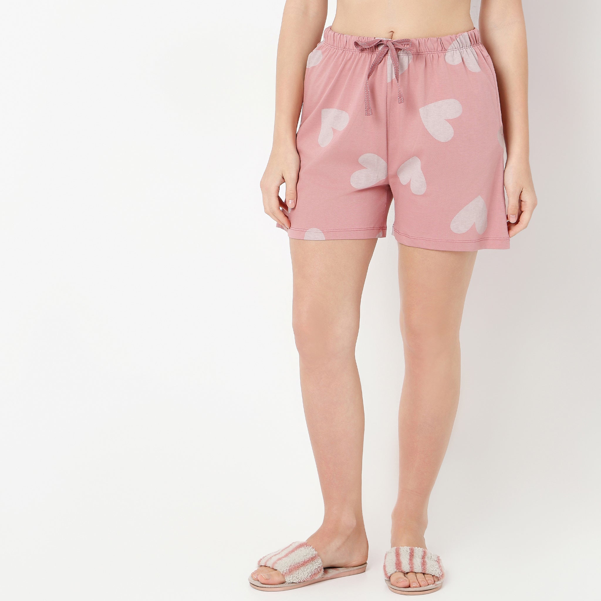 Regular Fit Heart Print Above Knee Mid Rise Shorts
