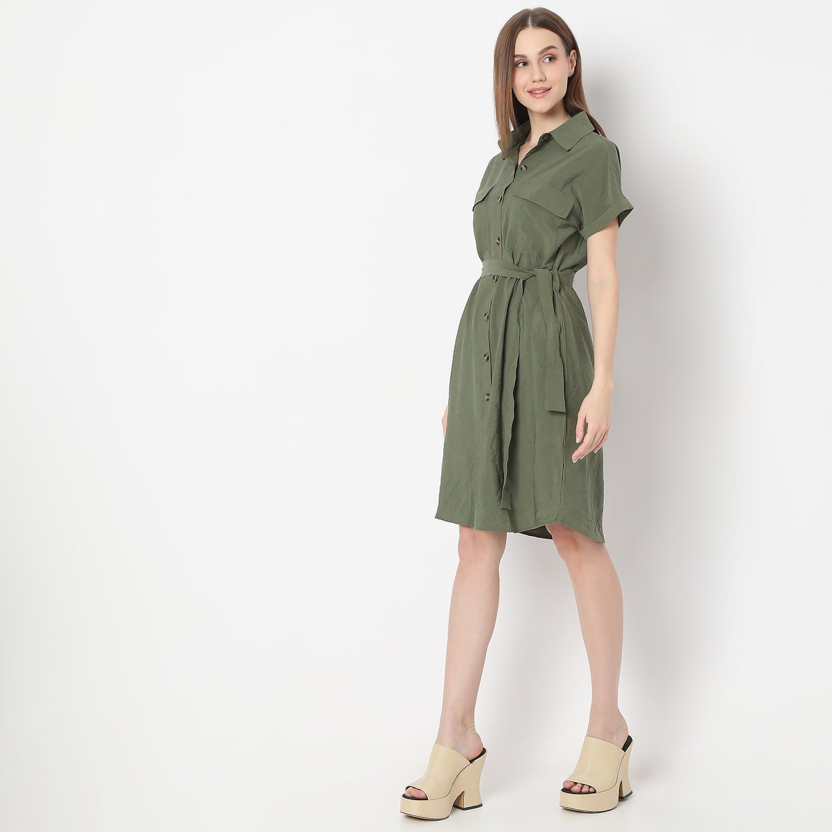 Knee Length Extended Short Sleeve Collar Dress