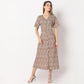 Printed Calf Length V Neck Short Sleeve Dress