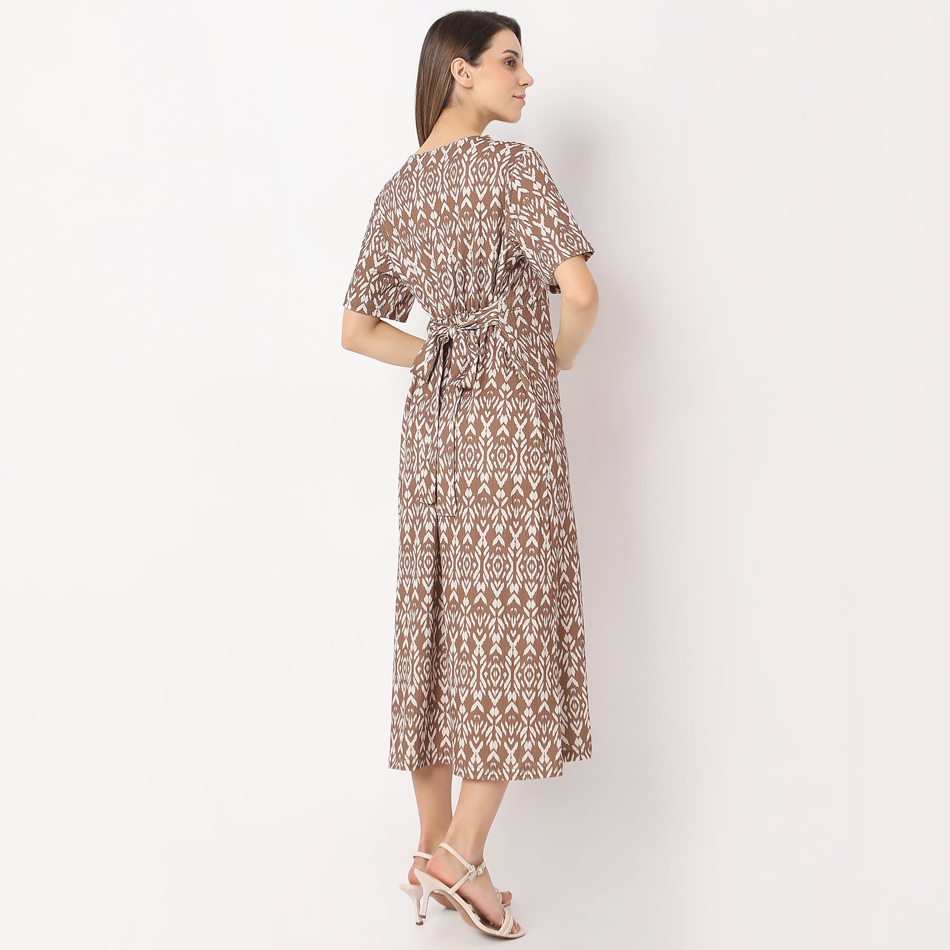 Printed Calf Length V Neck Short Sleeve Dress