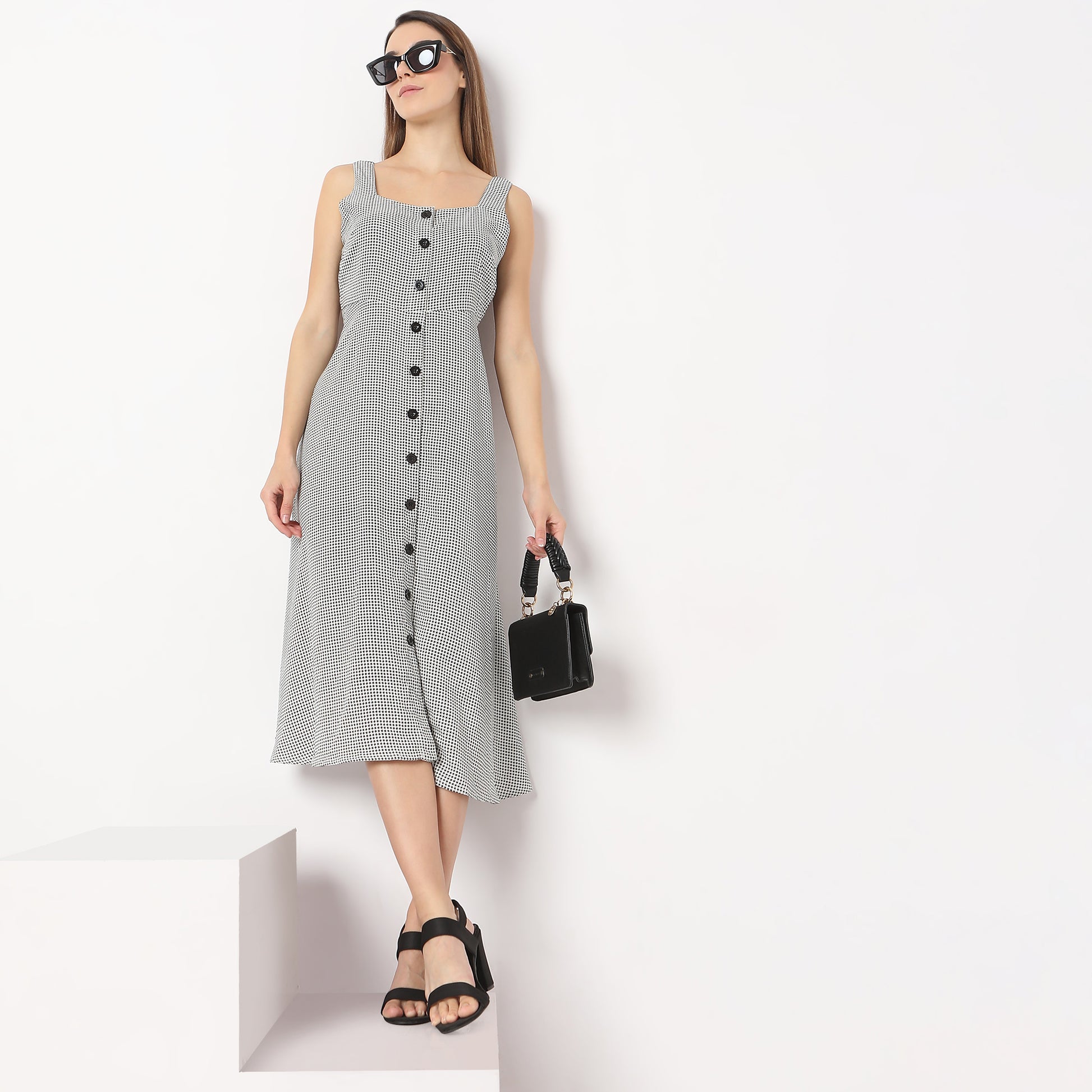 Printed Calf Length Square Neck A line Sleeveless Dress
