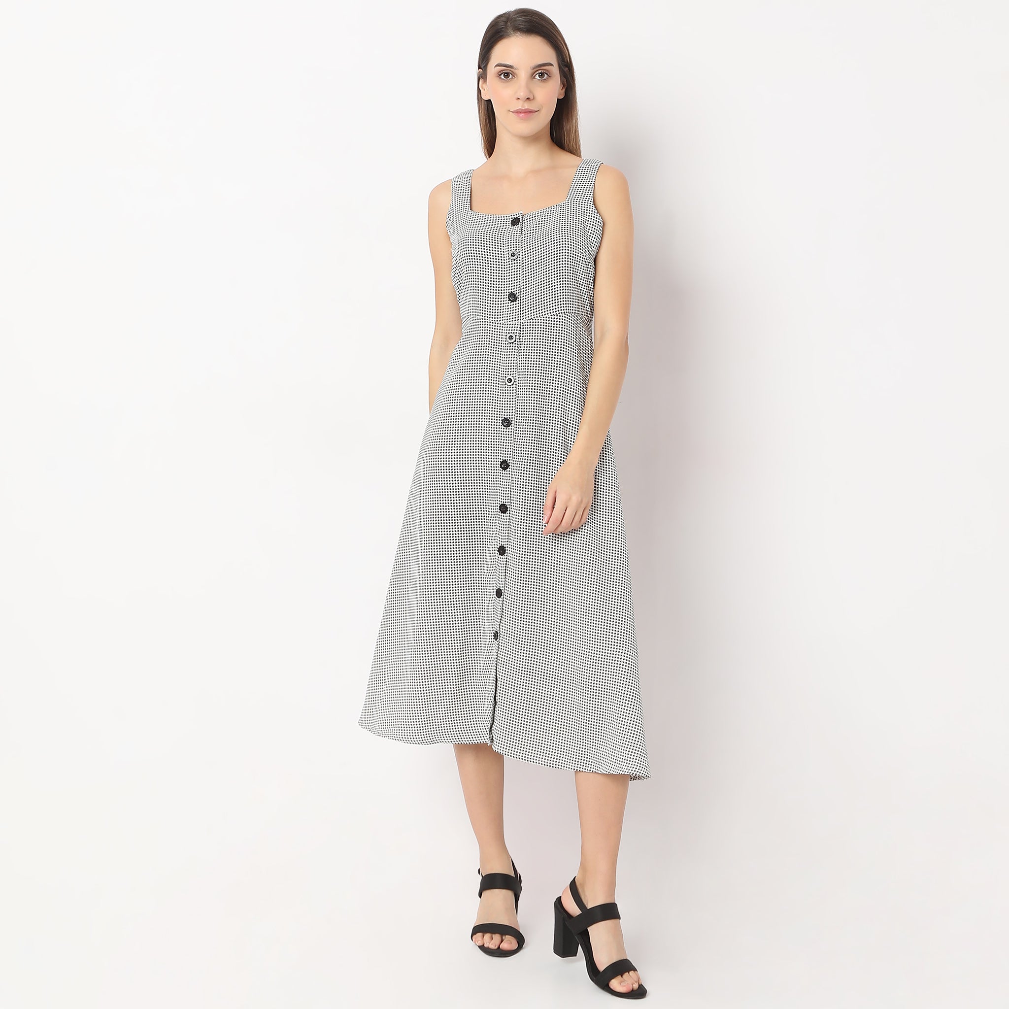 Printed Calf Length Square Neck A line Sleeveless Dress