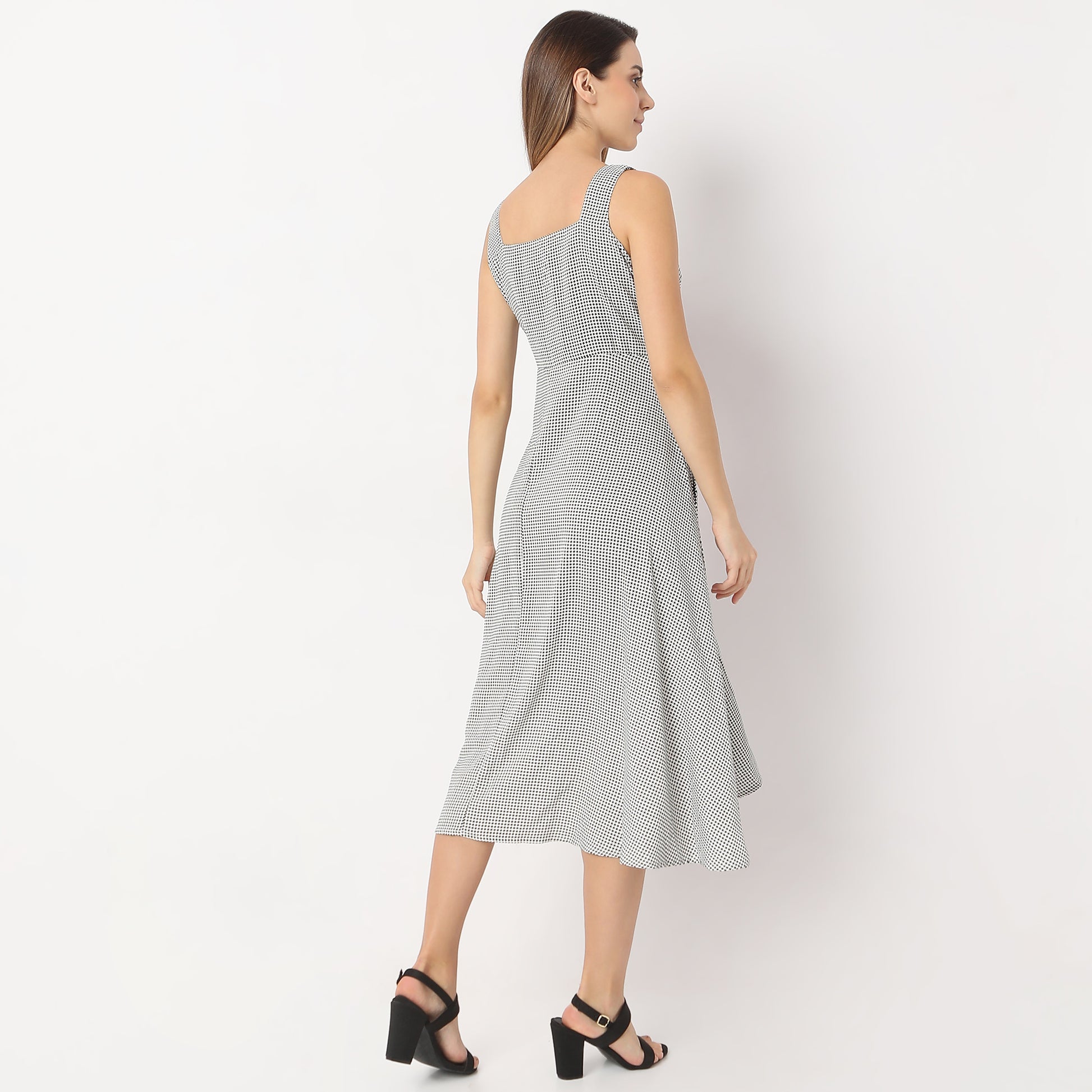 Printed Calf Length Square Neck A line Sleeveless Dress