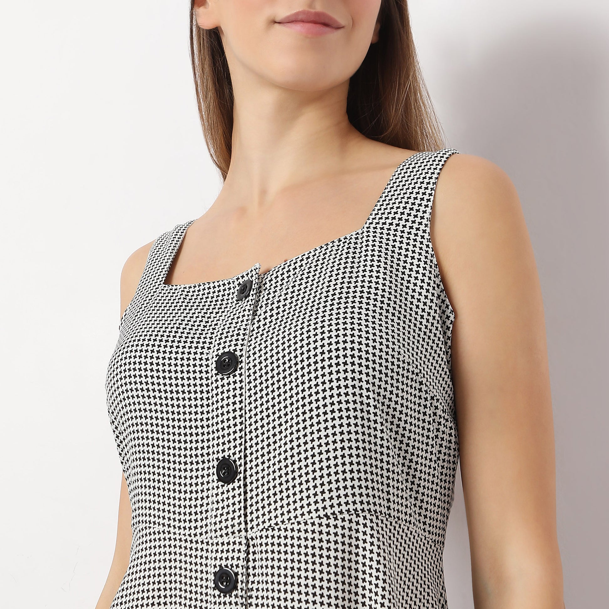 Printed Calf Length Square Neck A line Sleeveless Dress