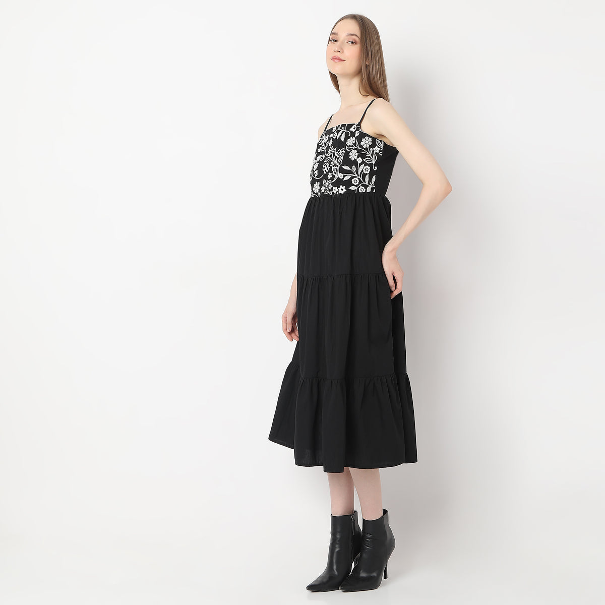 Crochet Calf Length Square Neck Tier Dress with Lace Pattern