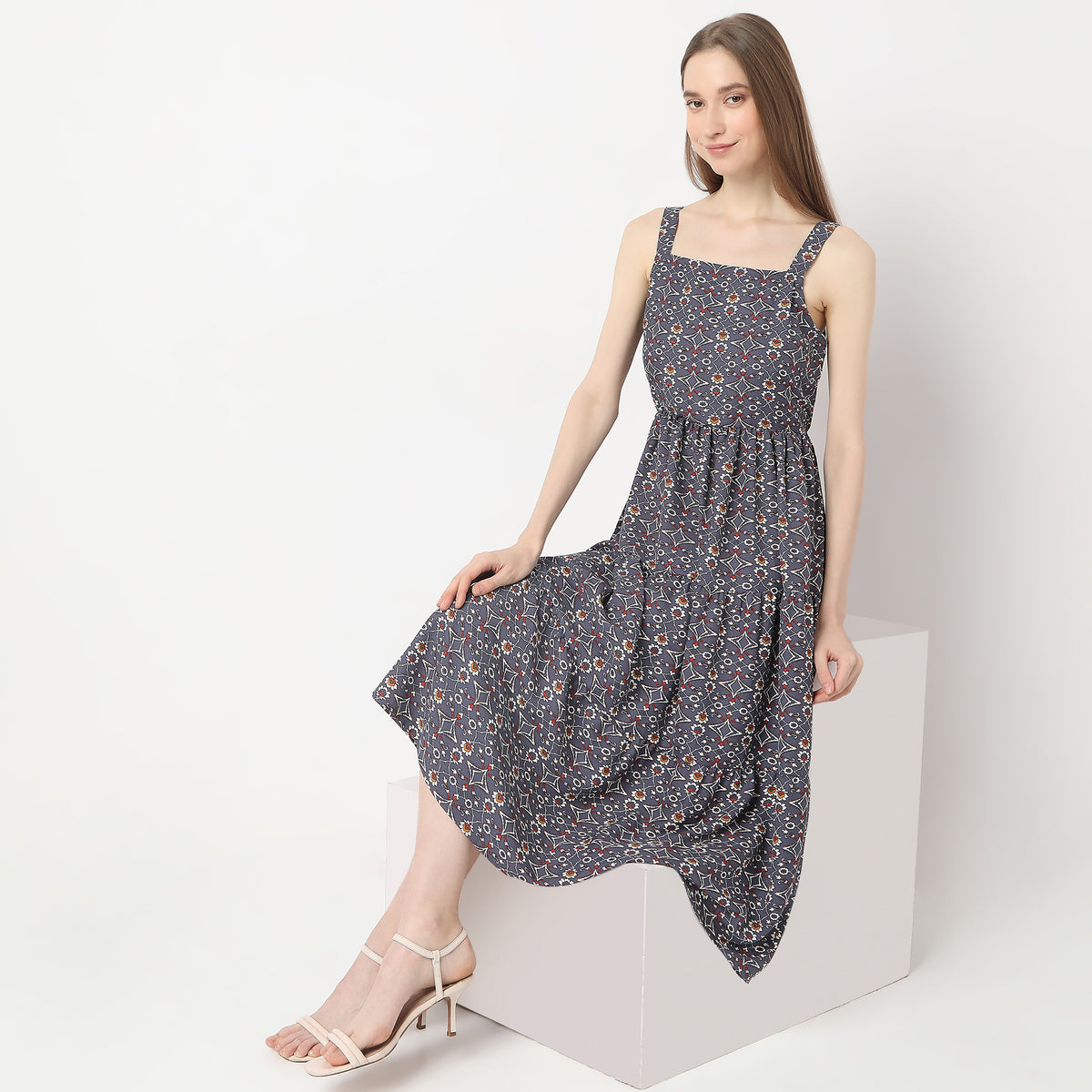 Printed Below Knee Square Neck Dress