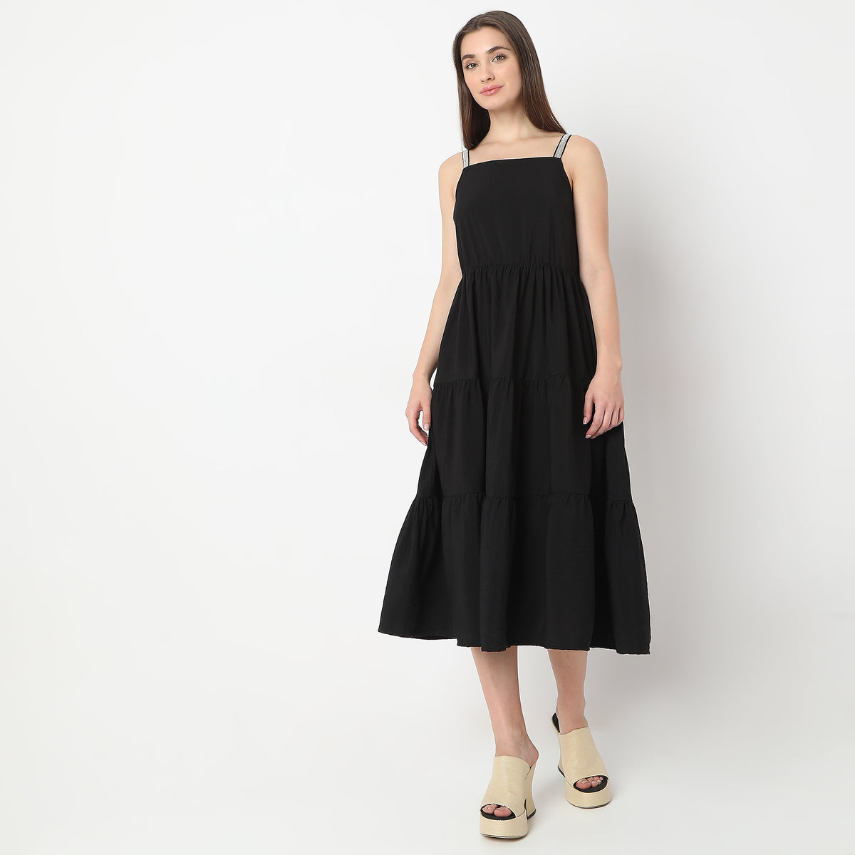 Calf Length Solid Flare Fit Party Dress