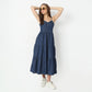 Regular Fit Solid V-Neck Calf Length Dress