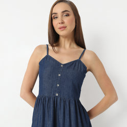 Regular Fit Solid V-Neck Calf Length Dress