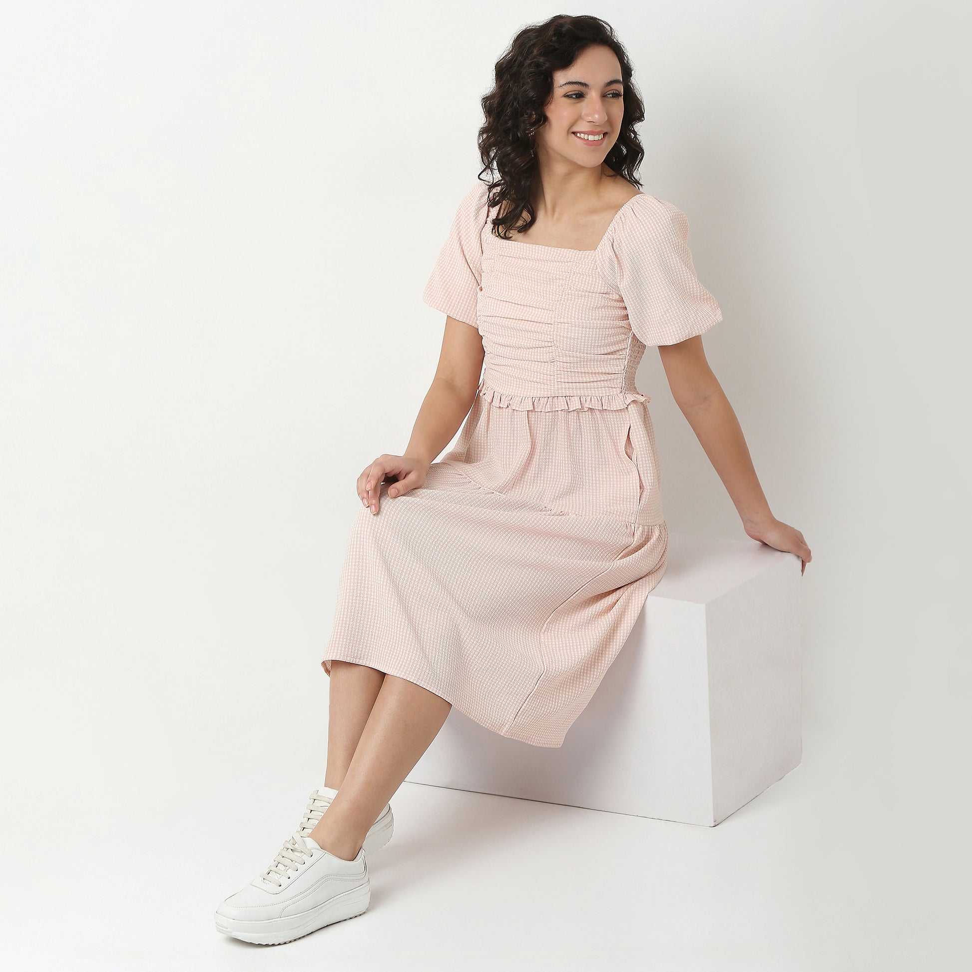 Checkered Polyester Puff Sleeve Dress