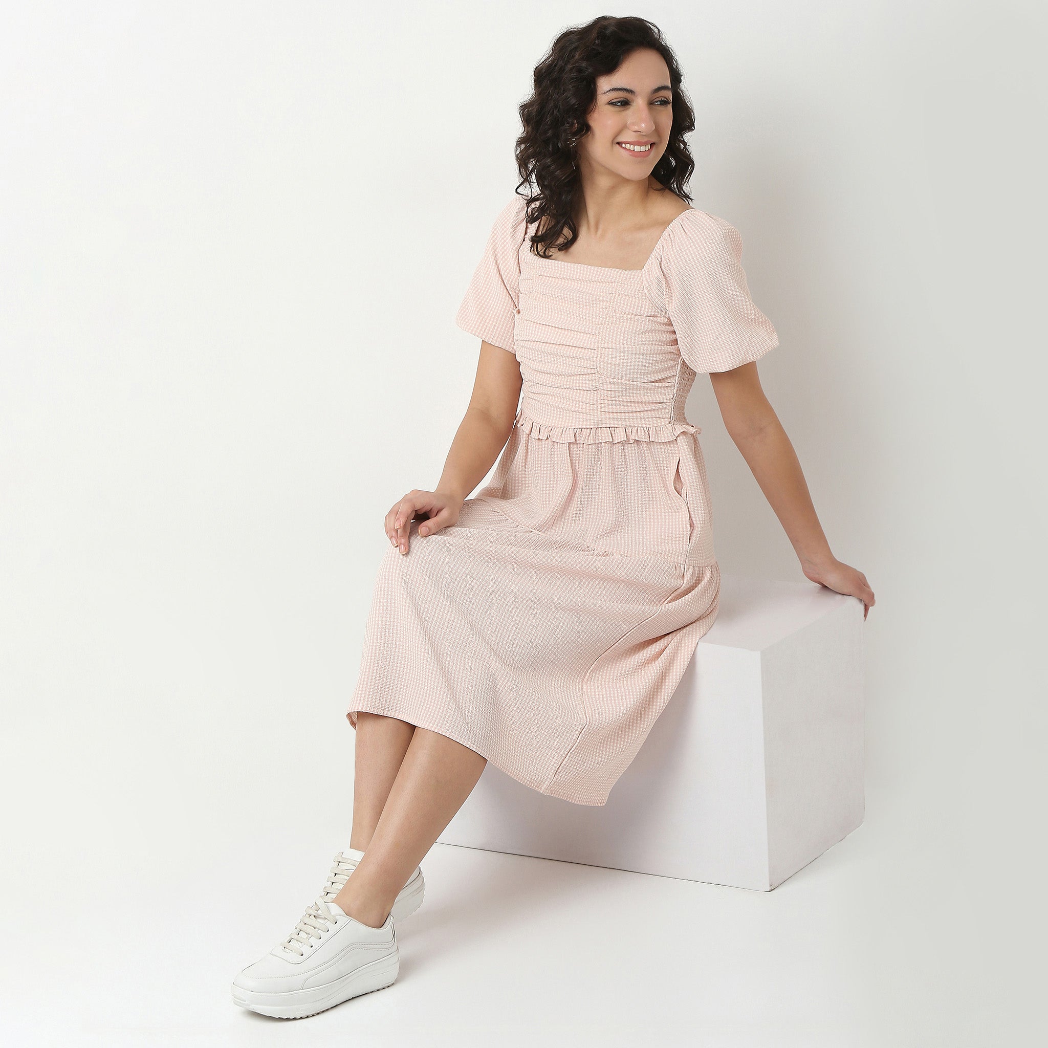 Checkered Polyester Puff Sleeve Dress