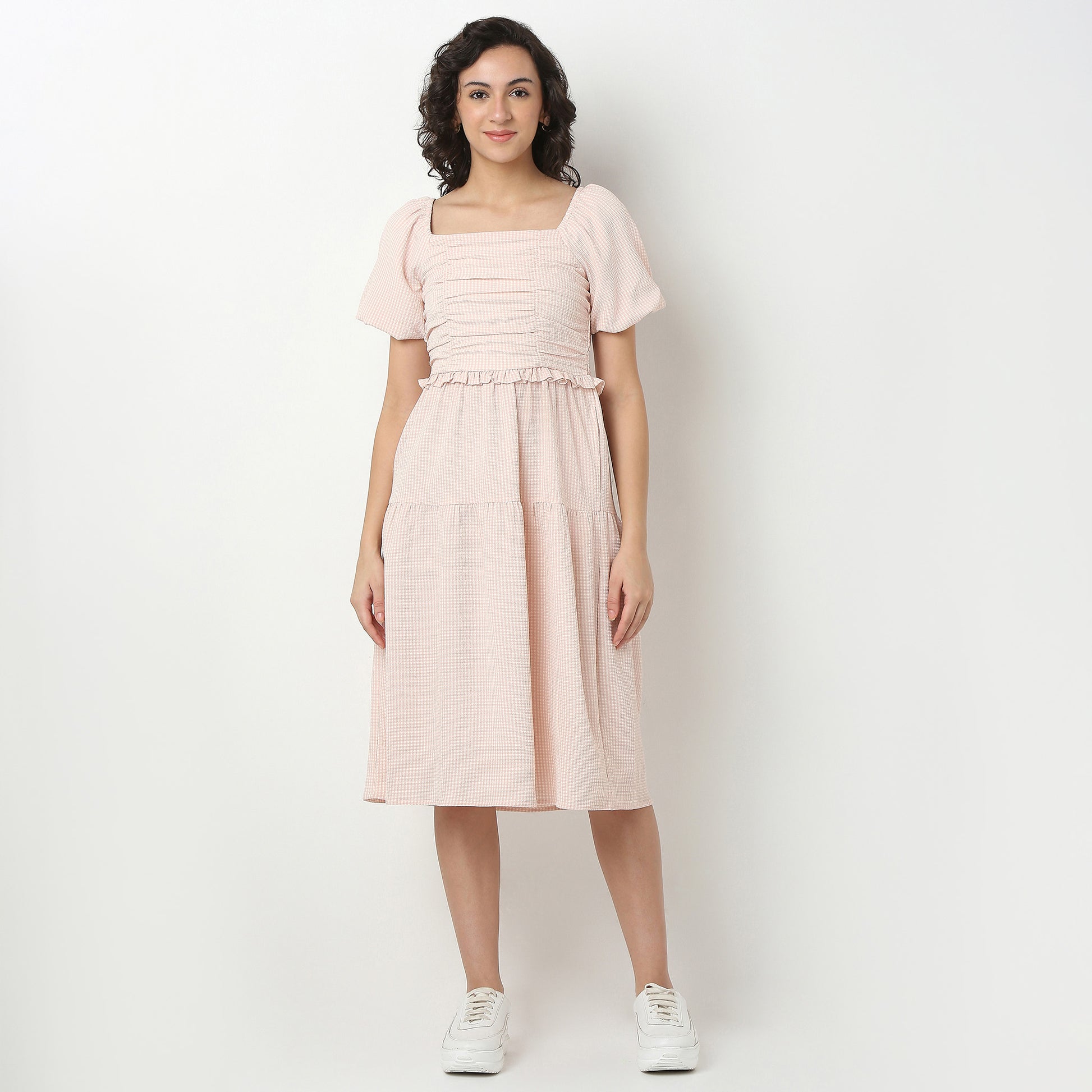 Checkered Polyester Puff Sleeve Dress