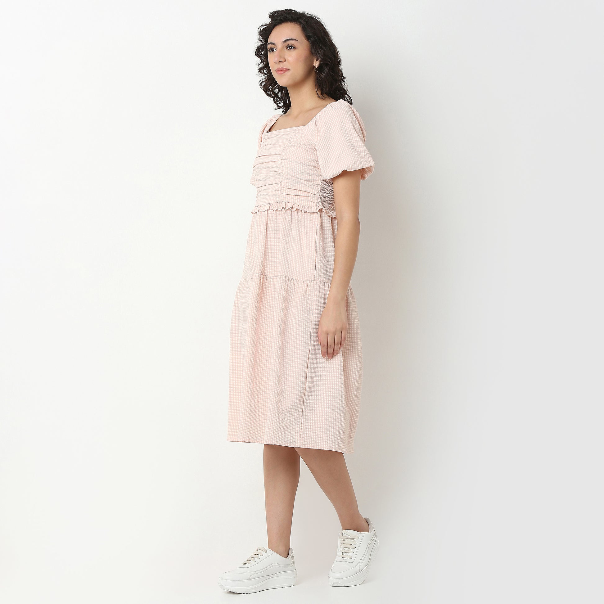 Checkered Polyester Puff Sleeve Dress