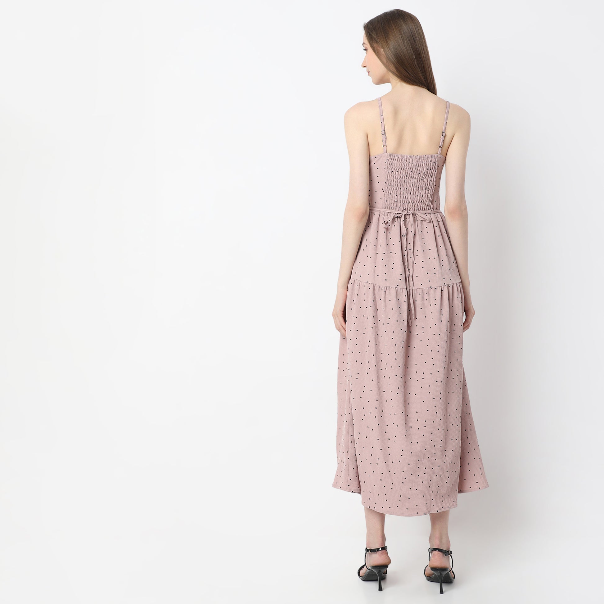 Polka Dot Calf-Length V-Neck Sleeveless Dress