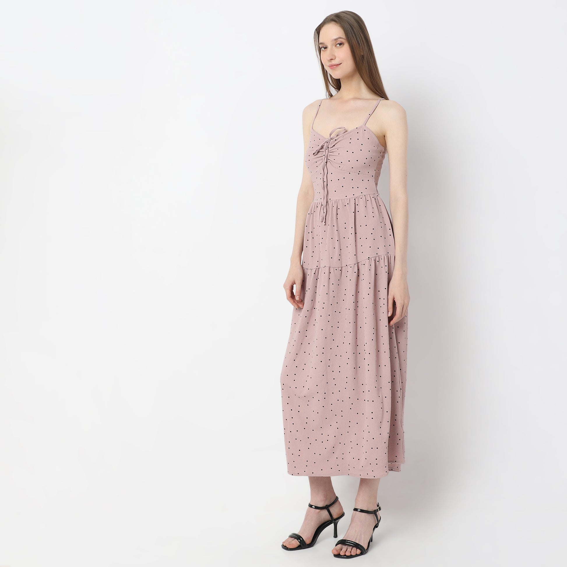 Polka Dot Calf-Length V-Neck Sleeveless Dress