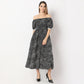 Printed Full Length Off Shoulder Flared Puff Sleeve Dress