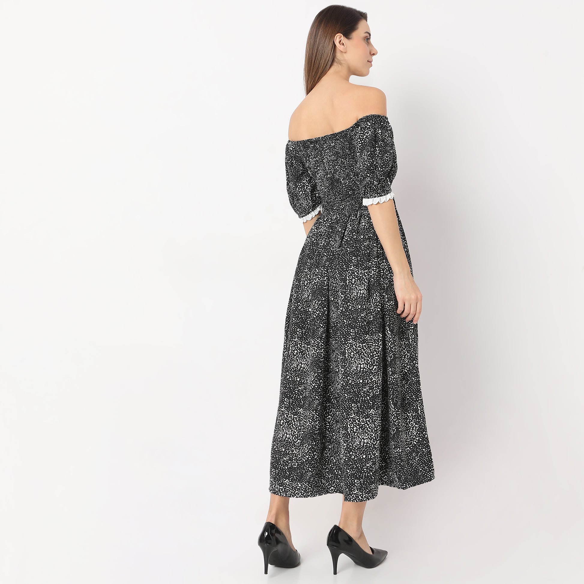 Printed Full Length Off Shoulder Flared Puff Sleeve Dress