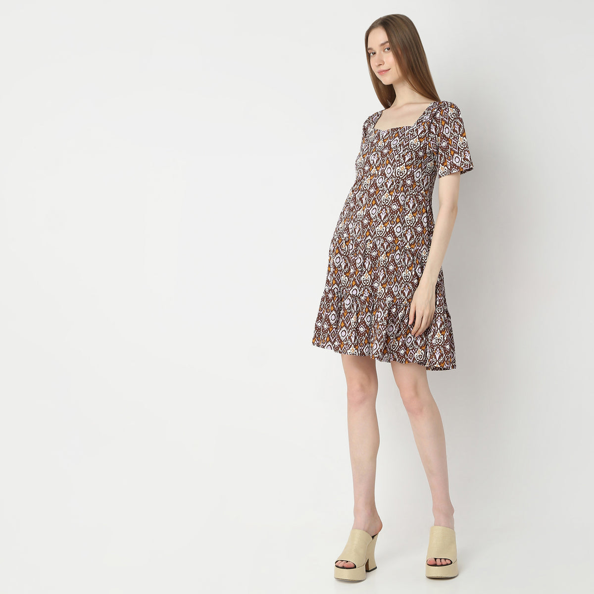 Flare Fit Printed Square Neck Dress