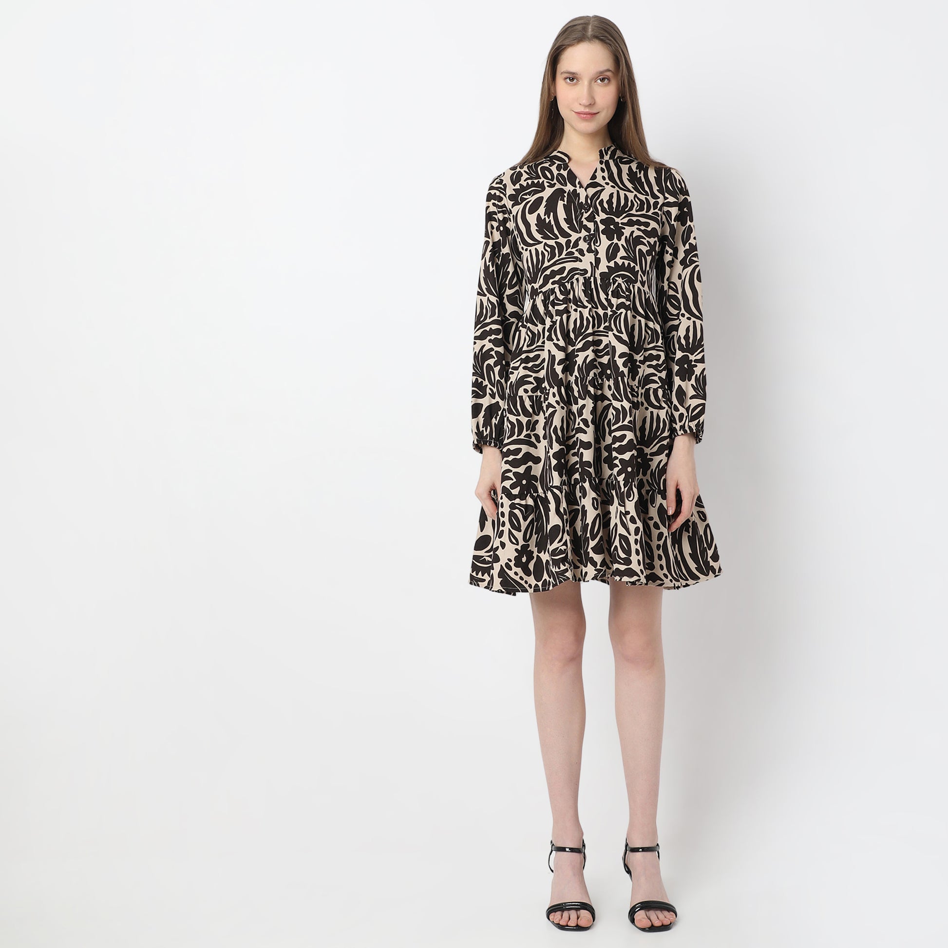 Printed Above Knee-Length Collared Scarlet Tiered Dress