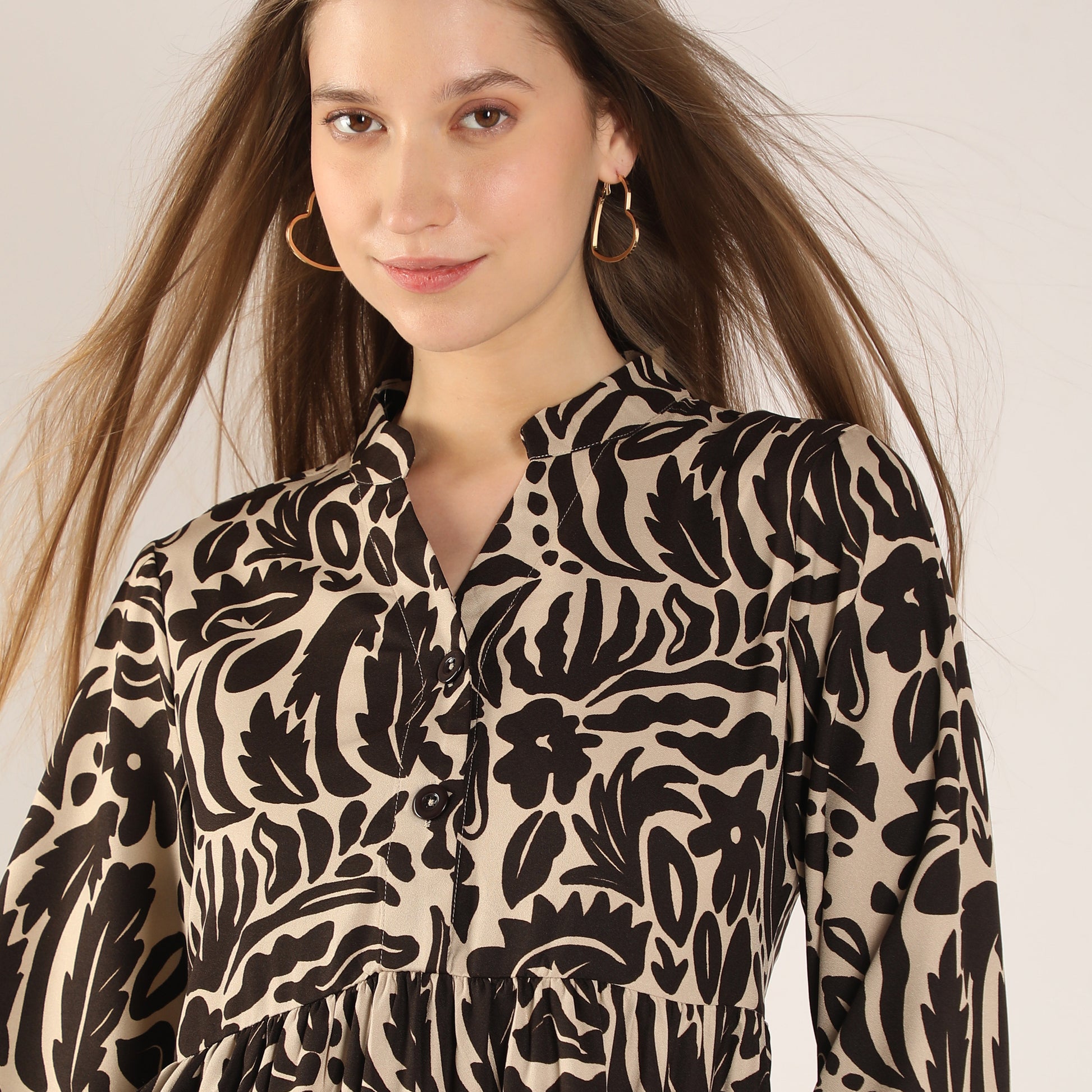 Printed Above Knee-Length Collared Scarlet Tiered Dress