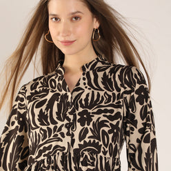 Printed Above Knee-Length Collared Scarlet Tiered Dress