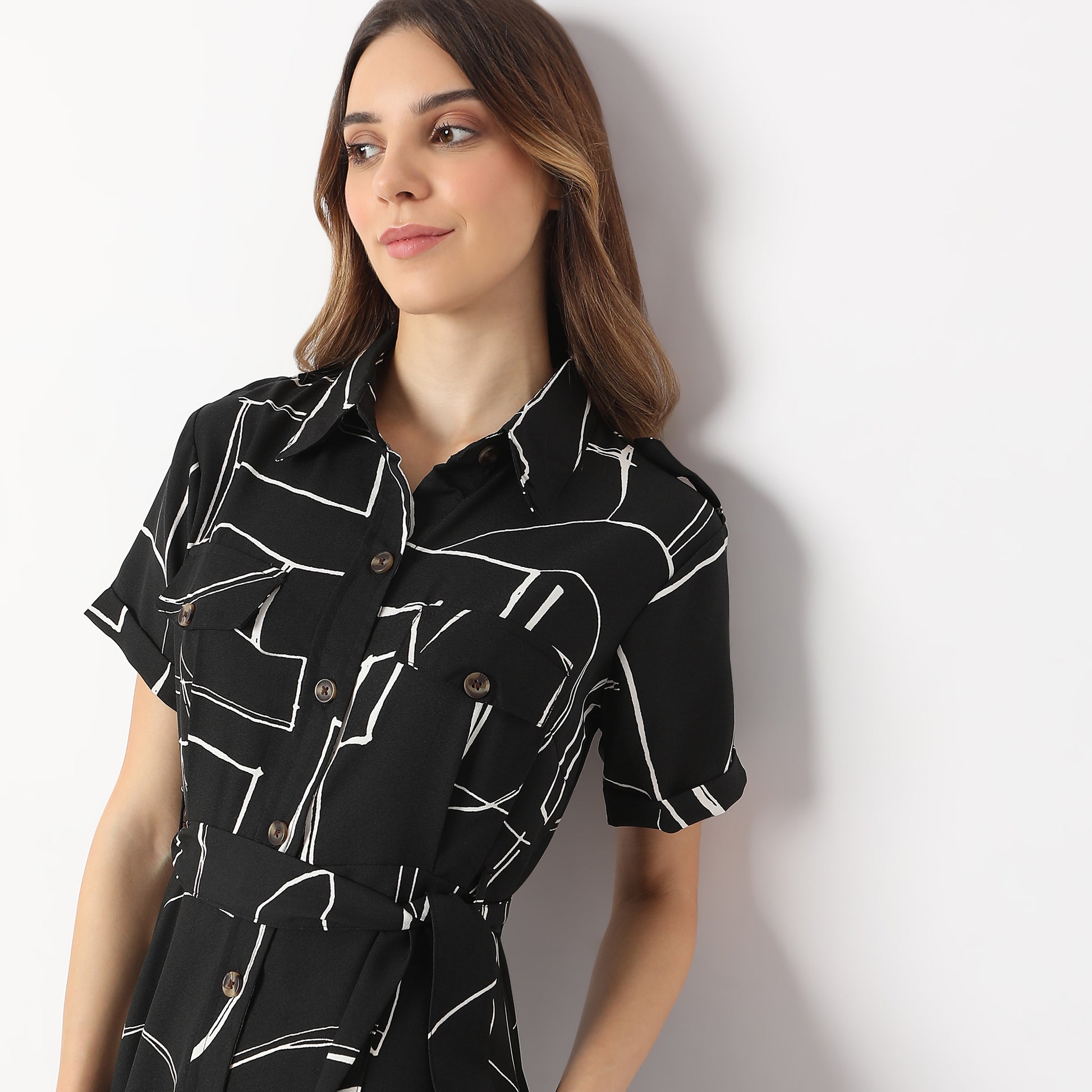 Printed Calf Length Shirt Collar Luxe Short Sleeve Dress