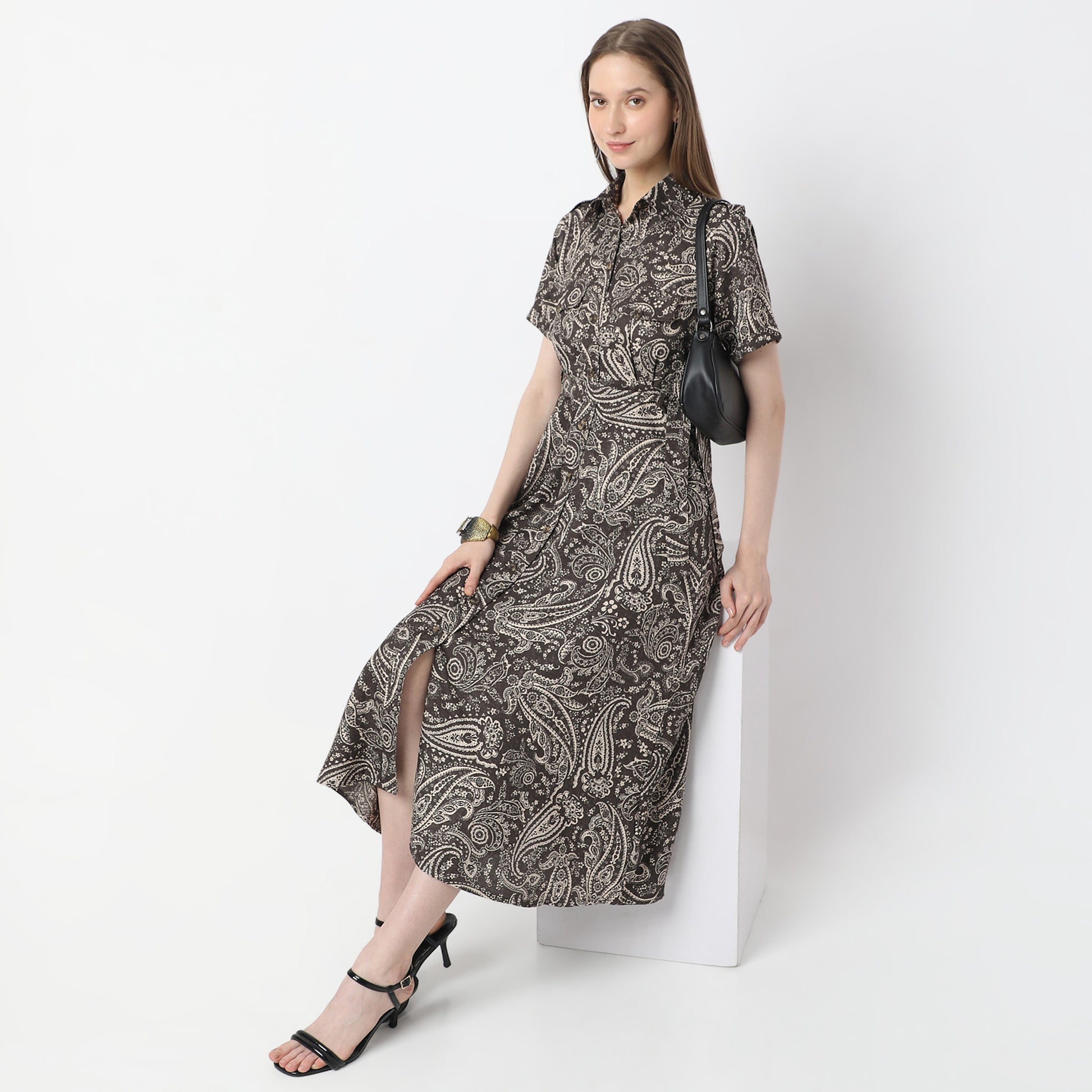 Printed Calf Length Shirt Collar Luxe Short Sleeve Dress