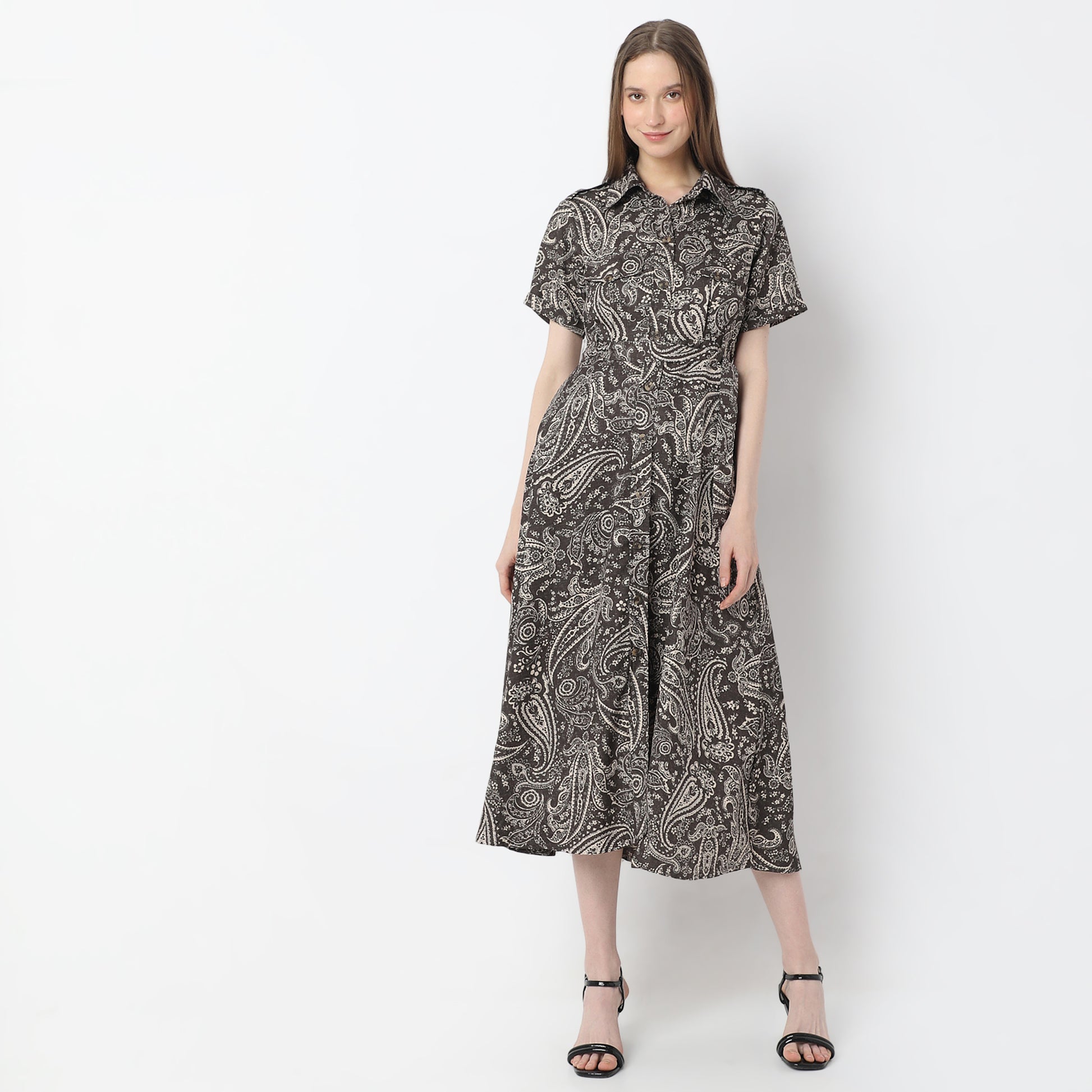 Printed Calf Length Shirt Collar Luxe Short Sleeve Dress