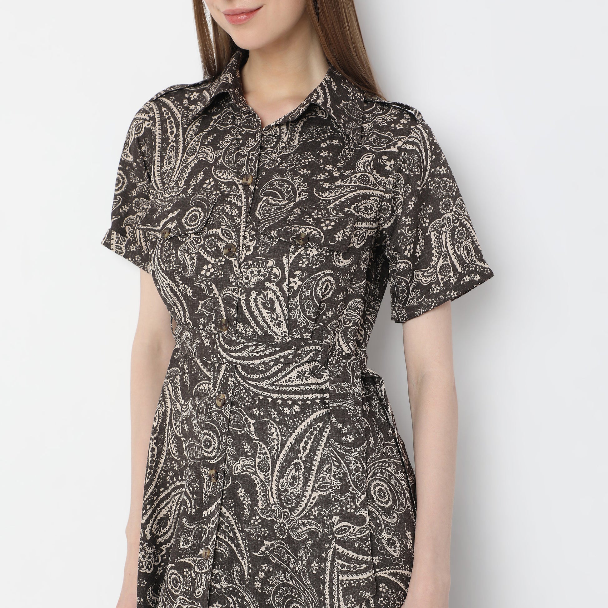 Printed Calf Length Shirt Collar Luxe Short Sleeve Dress