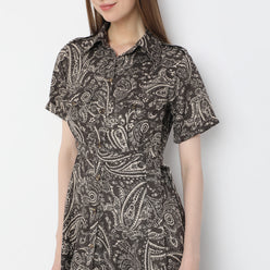 Printed Calf Length Shirt Collar Luxe Short Sleeve Dress