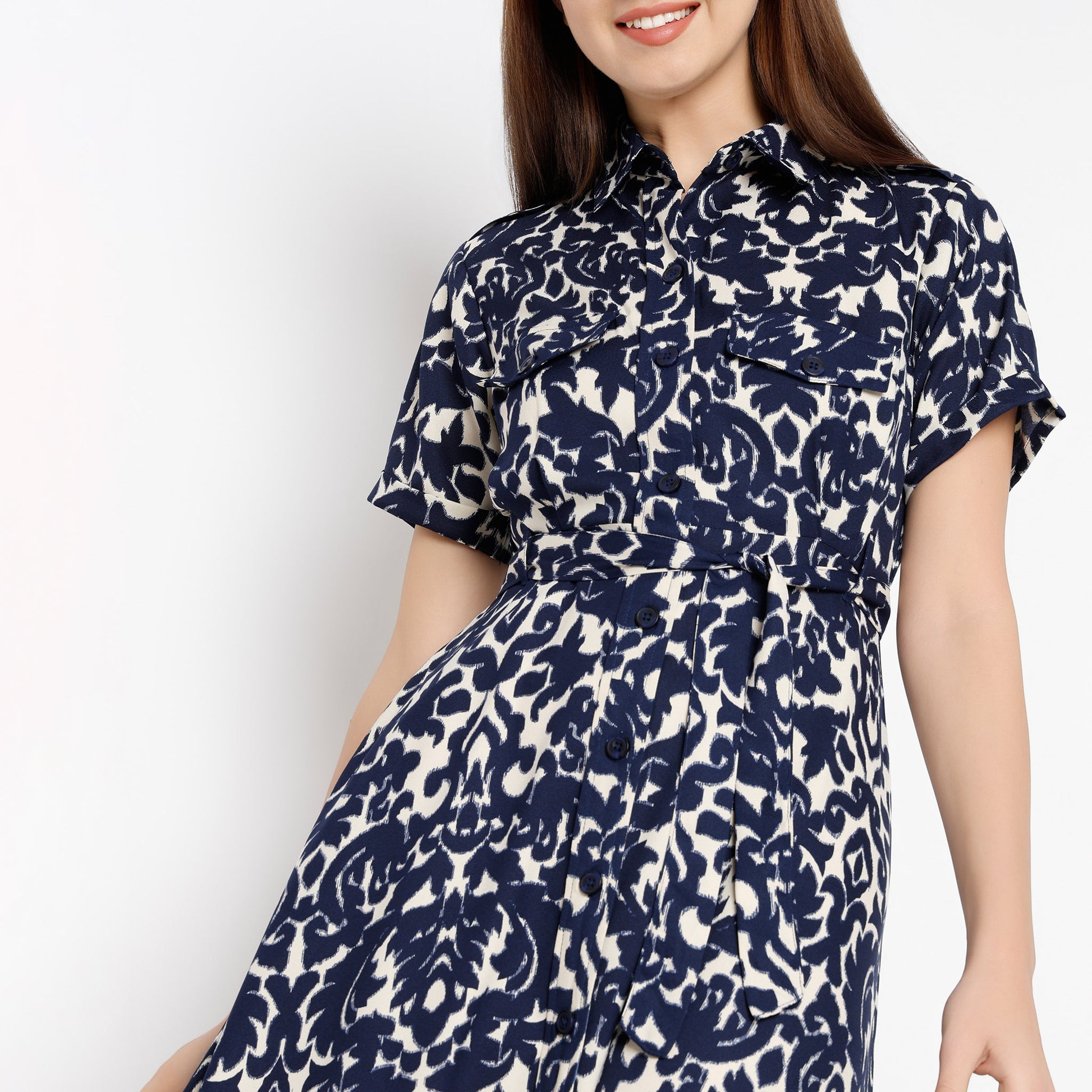 Printed Calf Length Shirt Collar Luxe Short Sleeve Dress