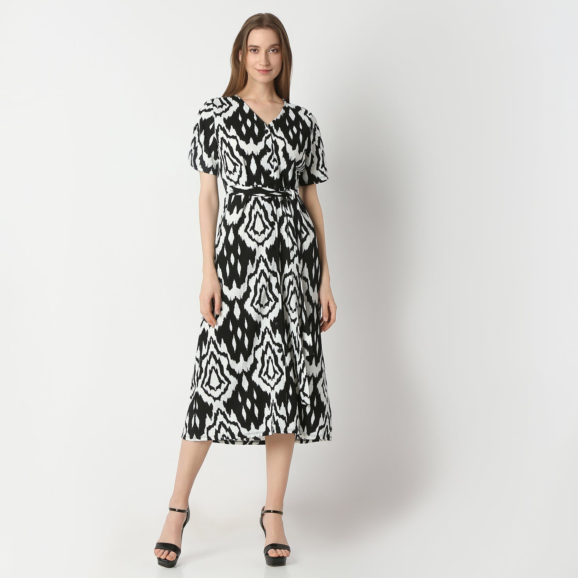 Regular Fit Printed Calf Length Dress