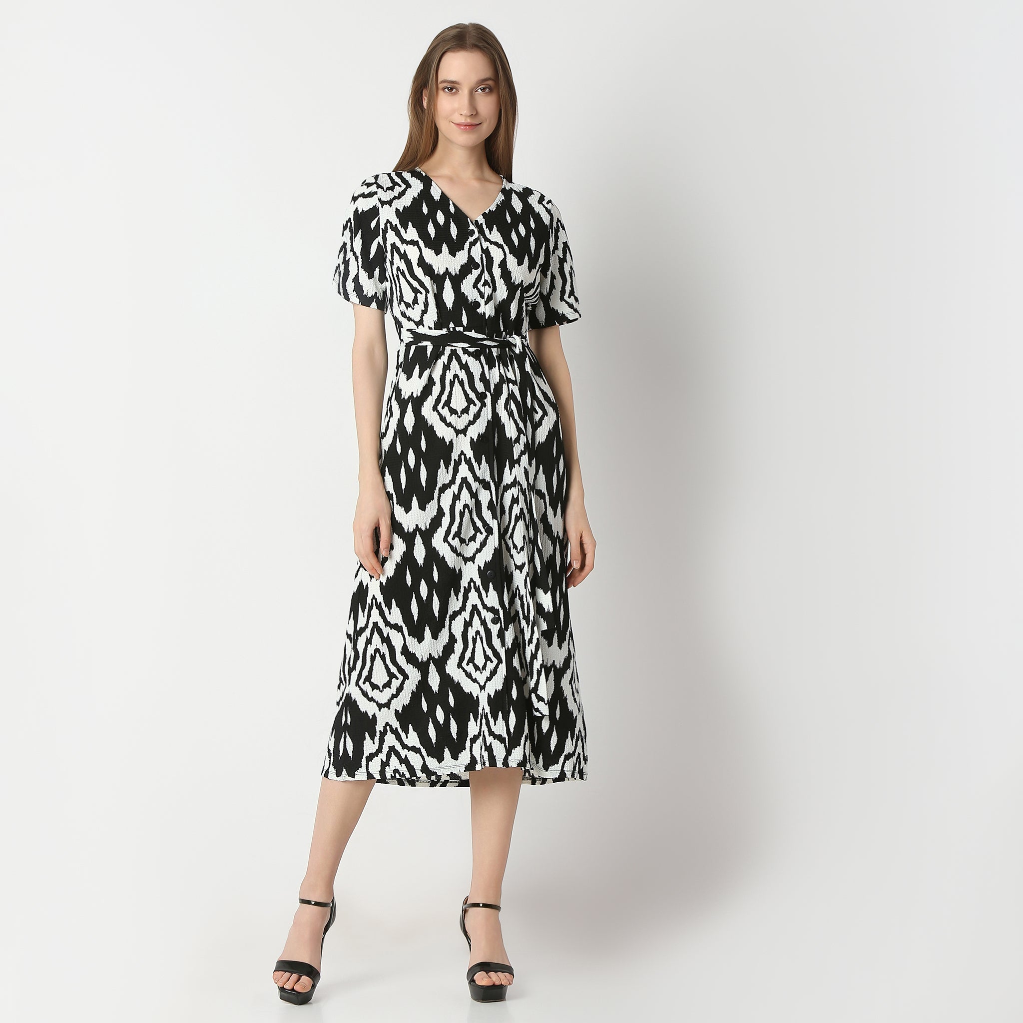 Regular Fit Printed Calf Length Dress