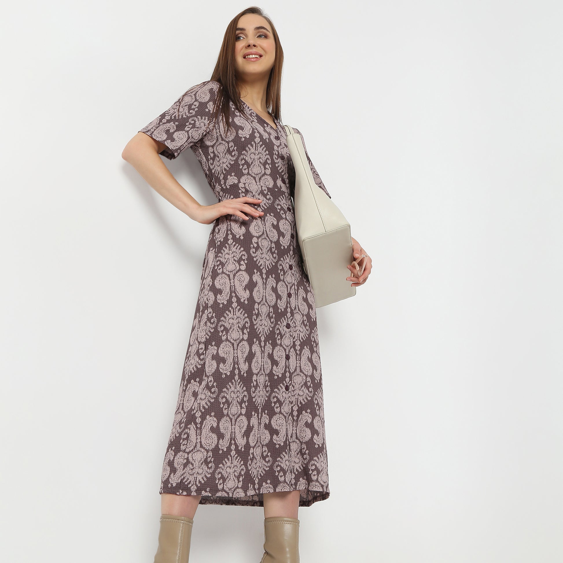 Regular Fit Printed Calf Length Dress