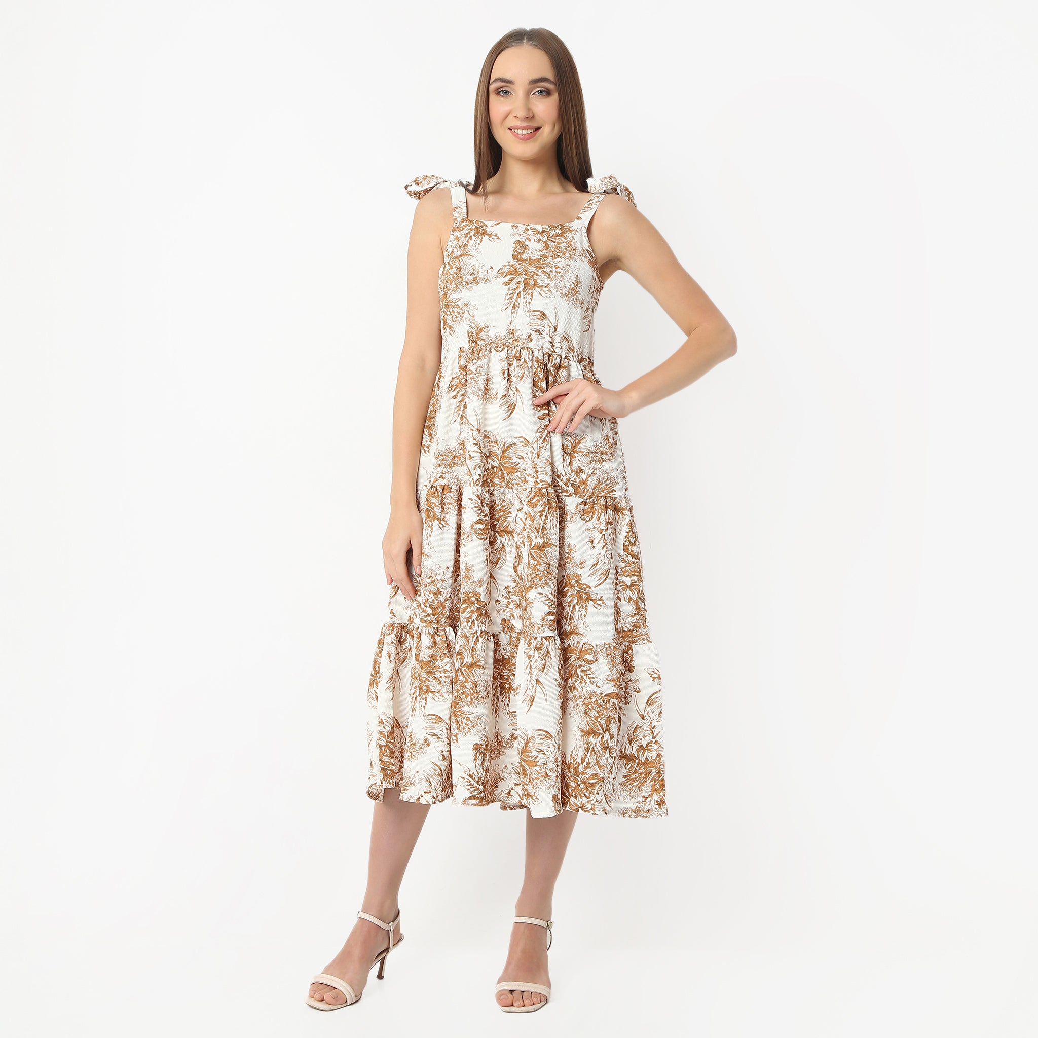 Regular Fit Printed Square Neck Calf Length Dress