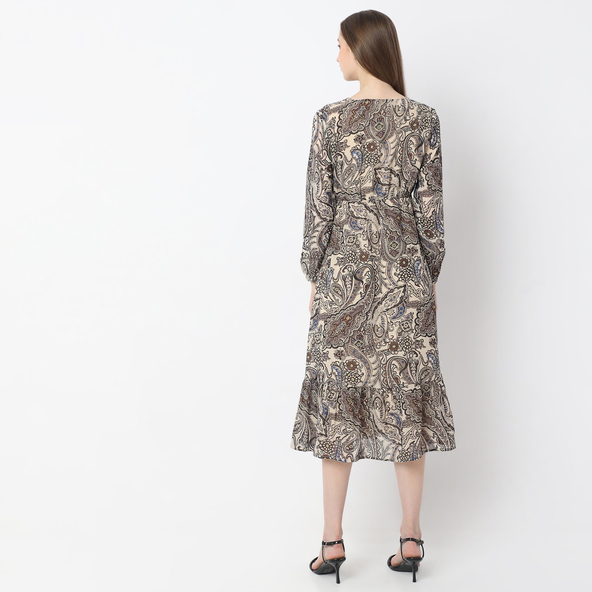 Printed Below Knee V-Neck Full sleeve Dress