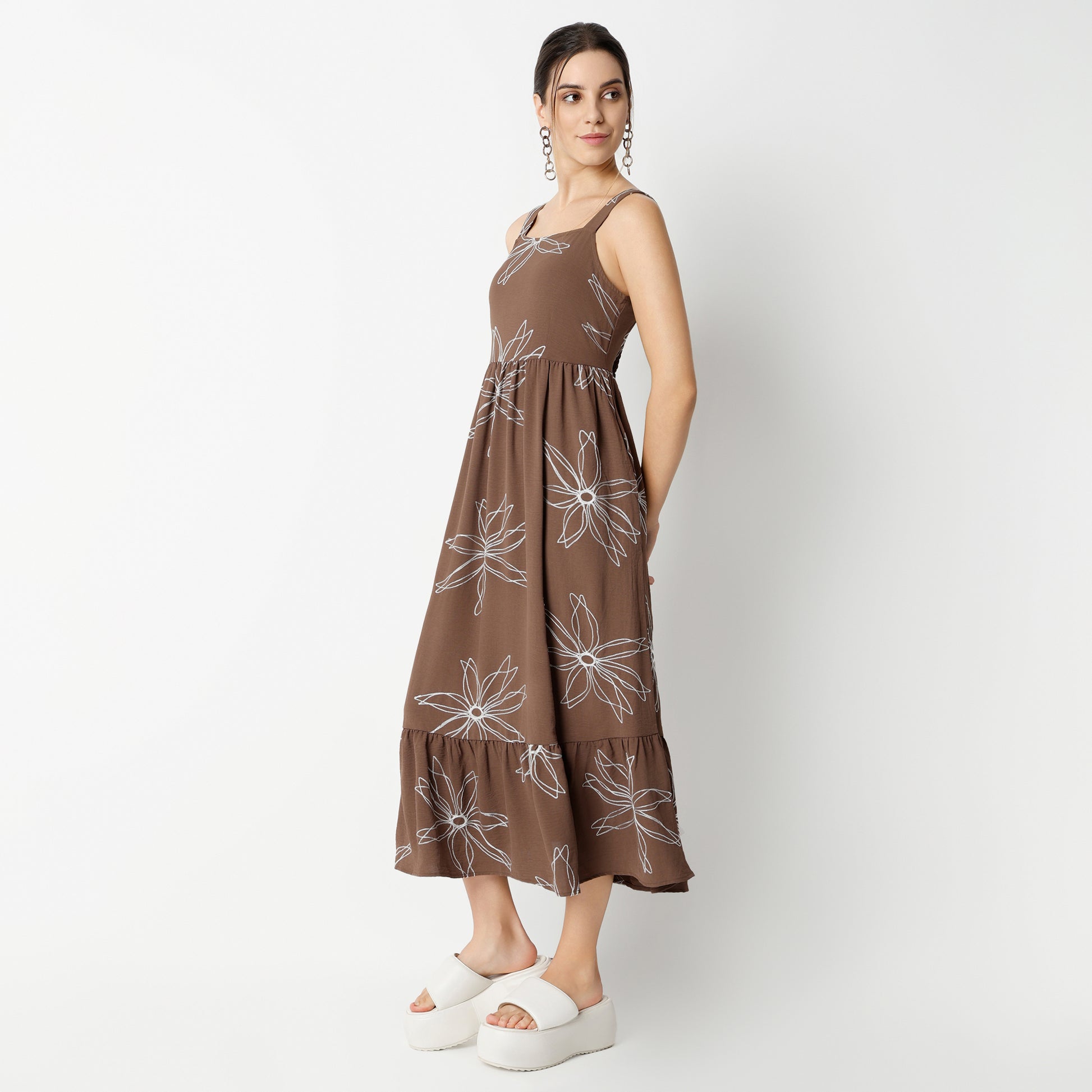 Flare Fit Embroidered Calf Length Dress