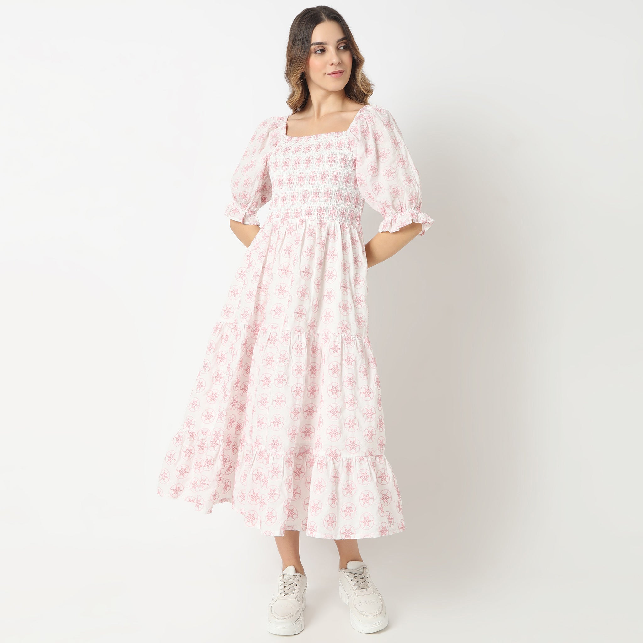 Regular Fit Printed Square Neck Dress